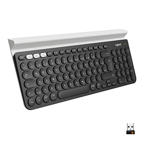 Logitech K780 Kabellose Tastatur, Bluetooth & 2.4 GHz Verbindung, Multi Device & Easy-Switch Feature, Integrierte Halterung, PC/Mac/Tablet/Smartphone, Deutsches QWERTZ-Layout - Dunkelgrau/Weiß