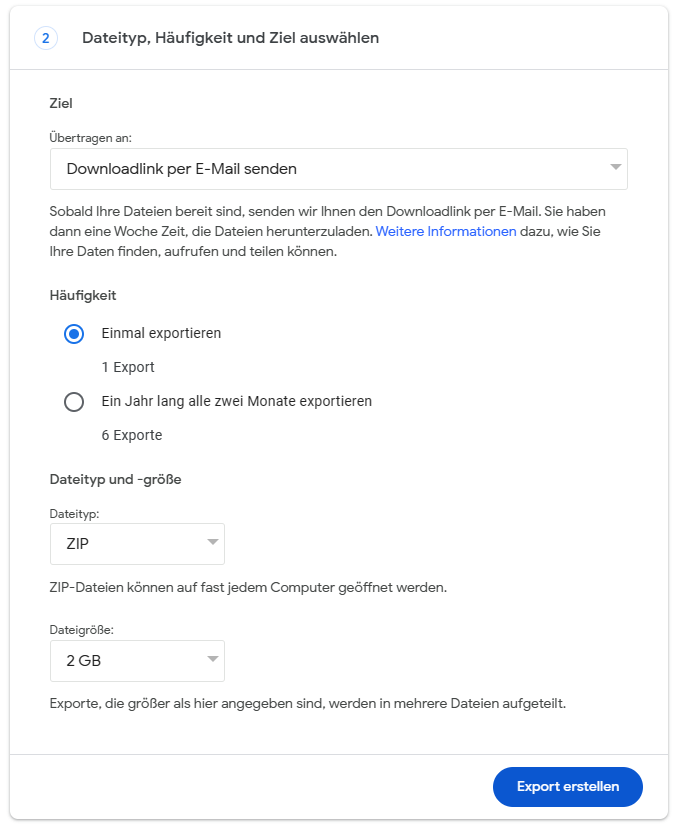 Google Takeout: Backup Einstellungen