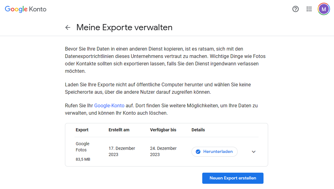 Google Takeout: Die Downloadseite